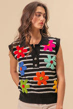 Load image into Gallery viewer, BiBi Flower Patch Striped Half Button Sweater Vest