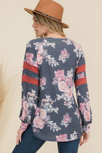 Load image into Gallery viewer, Celeste Full Size Floral Curved Hem T-Shirt with Stripe Detail