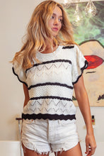 Load image into Gallery viewer, BiBi Pointelle Contrast Striped Short Sleeve Knit Top