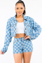 Load image into Gallery viewer, American Bazi Checkered Long Sleeve Cropped Denim Jacket