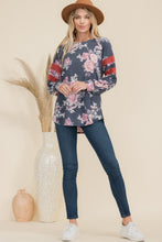 Load image into Gallery viewer, Celeste Full Size Floral Curved Hem T-Shirt with Stripe Detail