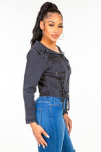 Load image into Gallery viewer, American Bazi Off Shoulder Lace Up Denim Jacket