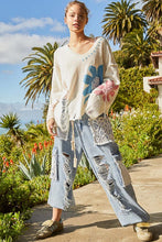 Load image into Gallery viewer, POL Distressed Flower V-Neck Dropped Shoulder Knit Top