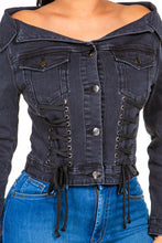 Load image into Gallery viewer, American Bazi Off Shoulder Lace Up Denim Jacket