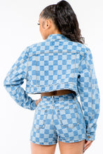 Load image into Gallery viewer, American Bazi Checkered Long Sleeve Cropped Denim Jacket