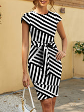 Load image into Gallery viewer, FAM-FAM Tied Striped Round Neck Cap Sleeve Dress