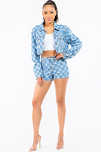 Load image into Gallery viewer, American Bazi Checkered Long Sleeve Cropped Denim Jacket