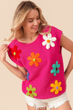 Load image into Gallery viewer, BiBi Flower Round Neck Cap Sleeve Knit Top