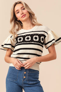 BiBi Granny Square Short Sleeve Striped Sweater