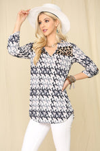 Load image into Gallery viewer, Celeste Full Size Houndstooth &amp; Leopard Roll-Tab Sleeve Top