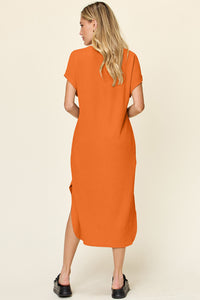 Double Take Full Size Round Neck Short Sleeve Slit Dress