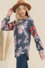 Load image into Gallery viewer, Celeste Full Size Floral Curved Hem T-Shirt with Stripe Detail