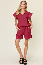 Load image into Gallery viewer, Double Take Full Size Texture Flounce Sleeve Top and Drawstring Shorts Set