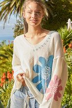 Load image into Gallery viewer, POL Distressed Flower V-Neck Dropped Shoulder Knit Top