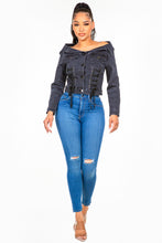 Load image into Gallery viewer, American Bazi Off Shoulder Lace Up Denim Jacket