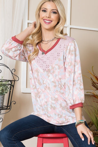 Celeste Full Size Leaf Print Contrast Trim Balloon Sleeve Top