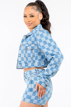 Load image into Gallery viewer, American Bazi Checkered Long Sleeve Cropped Denim Jacket