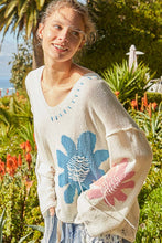 Load image into Gallery viewer, POL Distressed Flower V-Neck Dropped Shoulder Knit Top